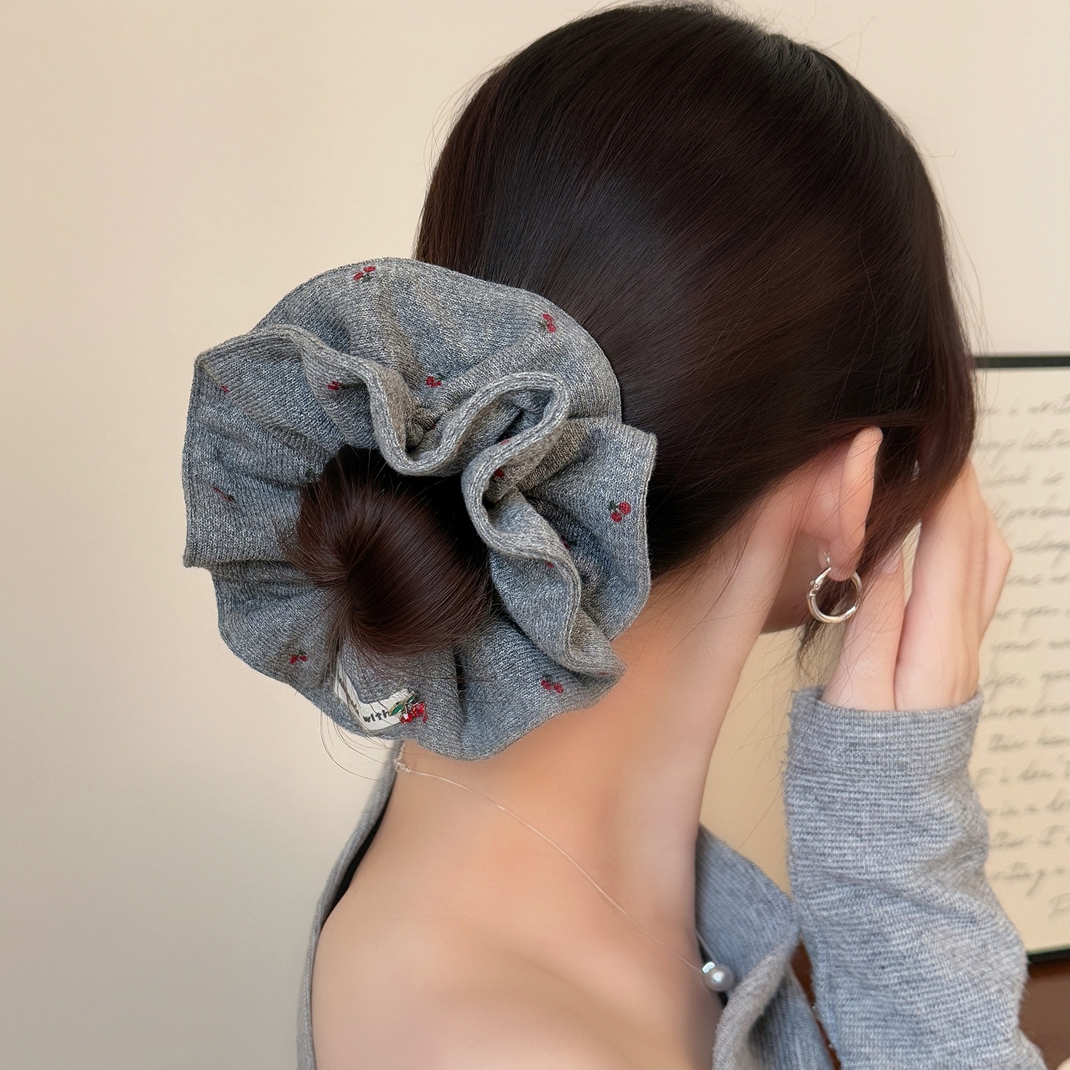 Women's Autumn Winter Cloth Bun Hair Ties Simple Gray Cherry Print