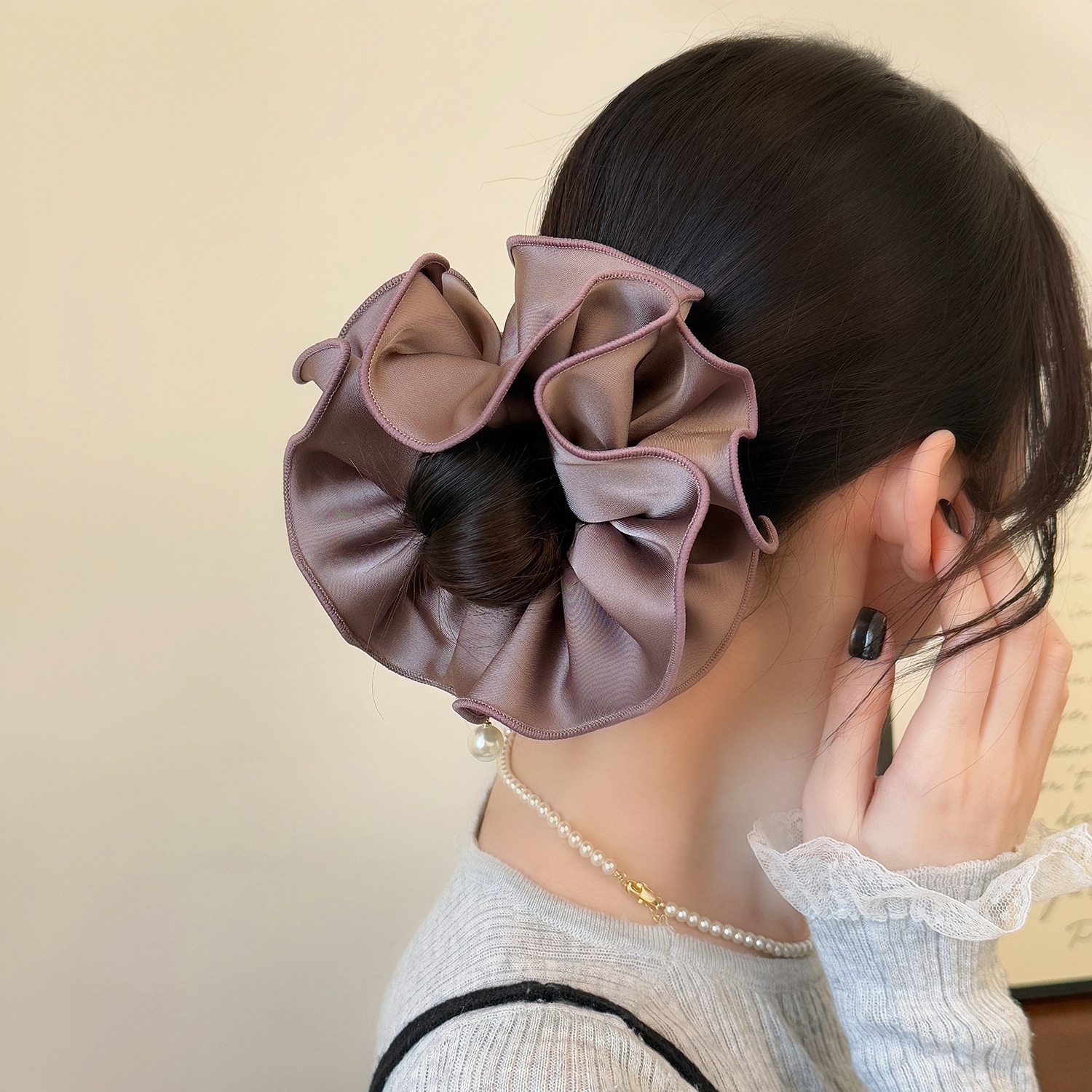 Women's Satin Pearl Double Layer Bun Hair Tie Solid Color