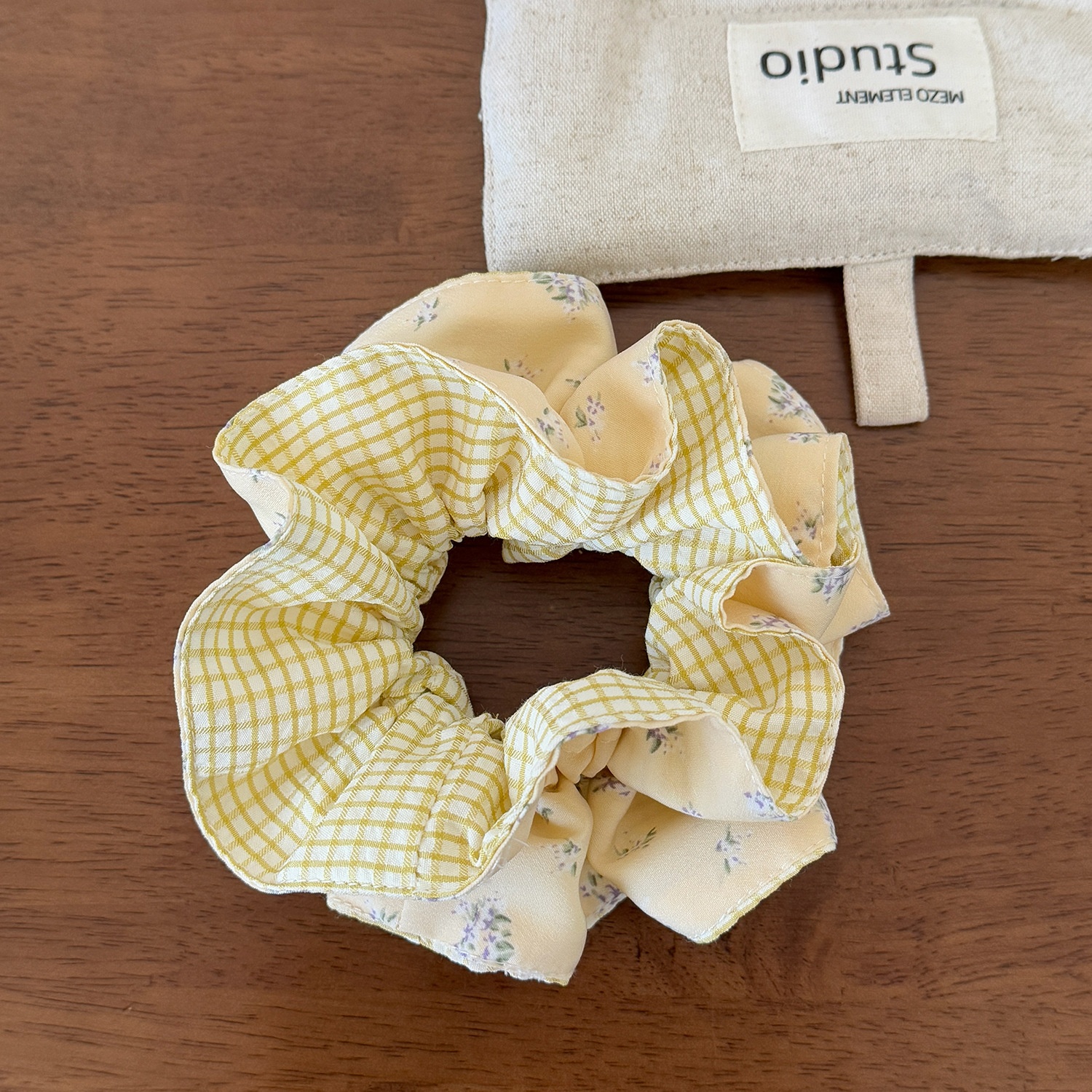 Women Spring Preppy Lace Fabric Hair Tie Scrunchie Blue Yellow Plaid