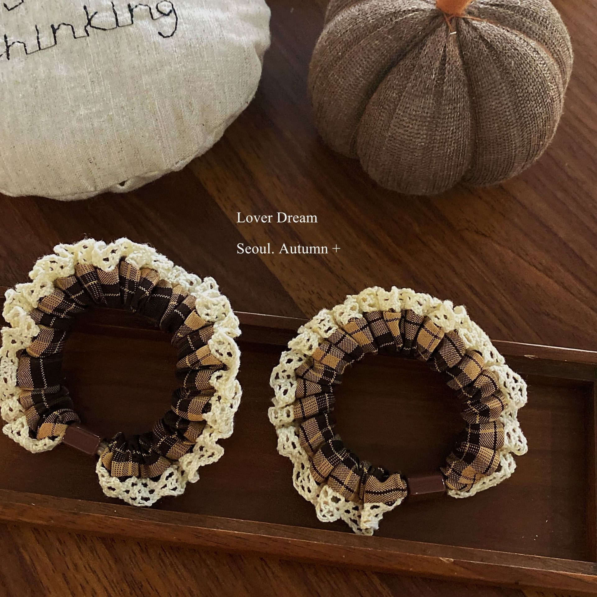 Women's High Elastic Cloth Hair Ties Autumn Winter Plaid Lace Trim