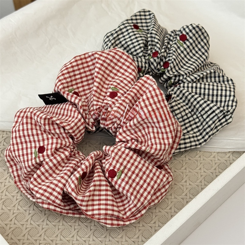 Women's Daily Cloth Scrunchies Hair Ties Red Black Cherry Checkered