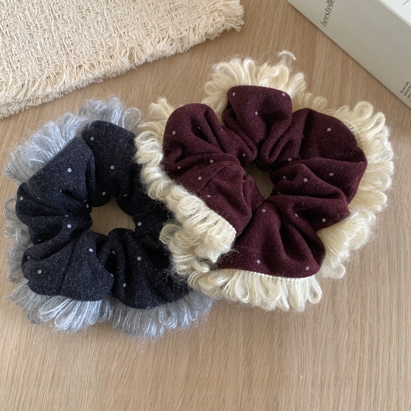 Women's Cozy Autumn Winter Cloth Hair Tie Dark Grey & Wine Red Polka Dots