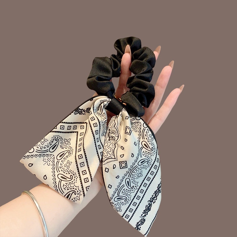 Women's French Satin Bowknot Hair Tie Spring Accessory White Black Print