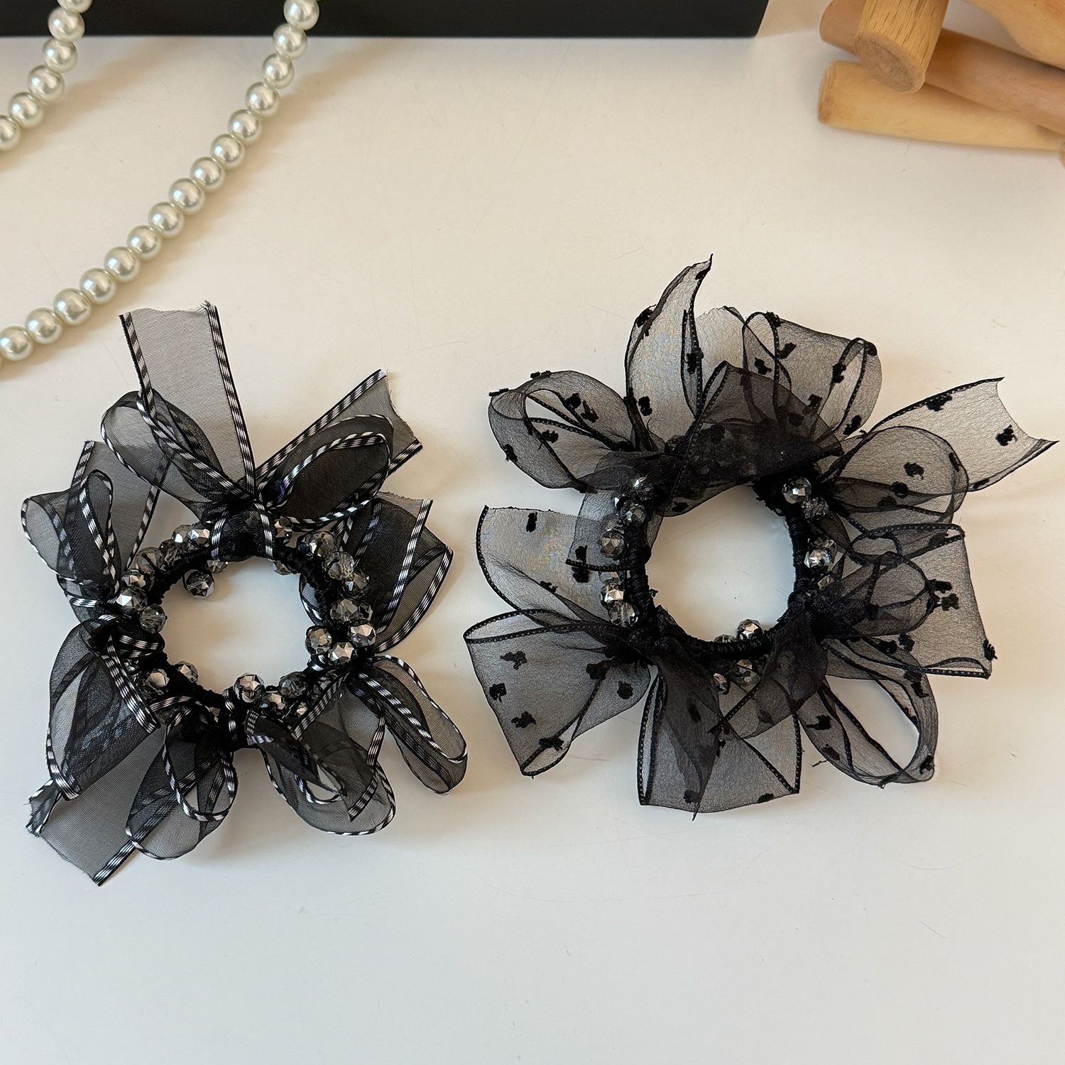 Women's Sweet Soft Gauze Bowknot Hair Tie Rubber Band Black Striped