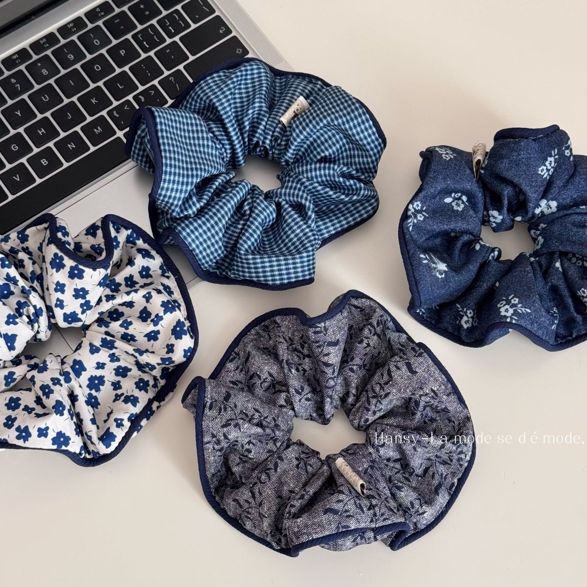 Women's French Style Cloth Spring Hair Tie Navy Blue Floral Plaid