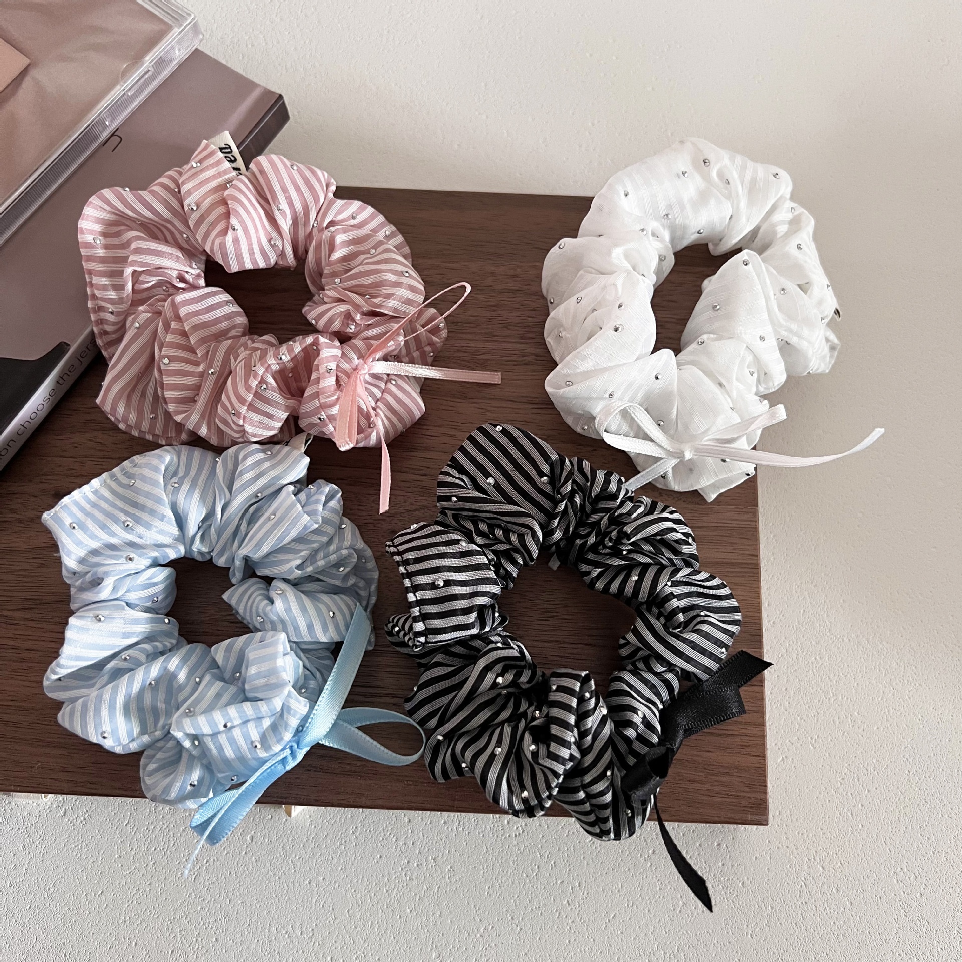 Women's Summer Sparkling Rhinestone Cloth Hair Tie Striped Bowknot