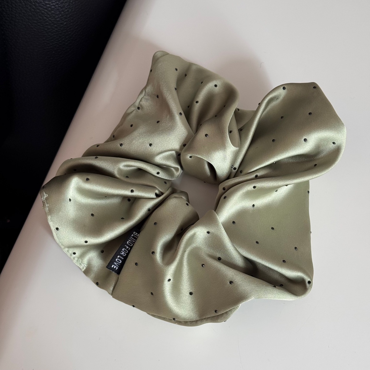 Women's Elegant Spring Satin Hair Tie Scrunchie in Beige Polka Dots