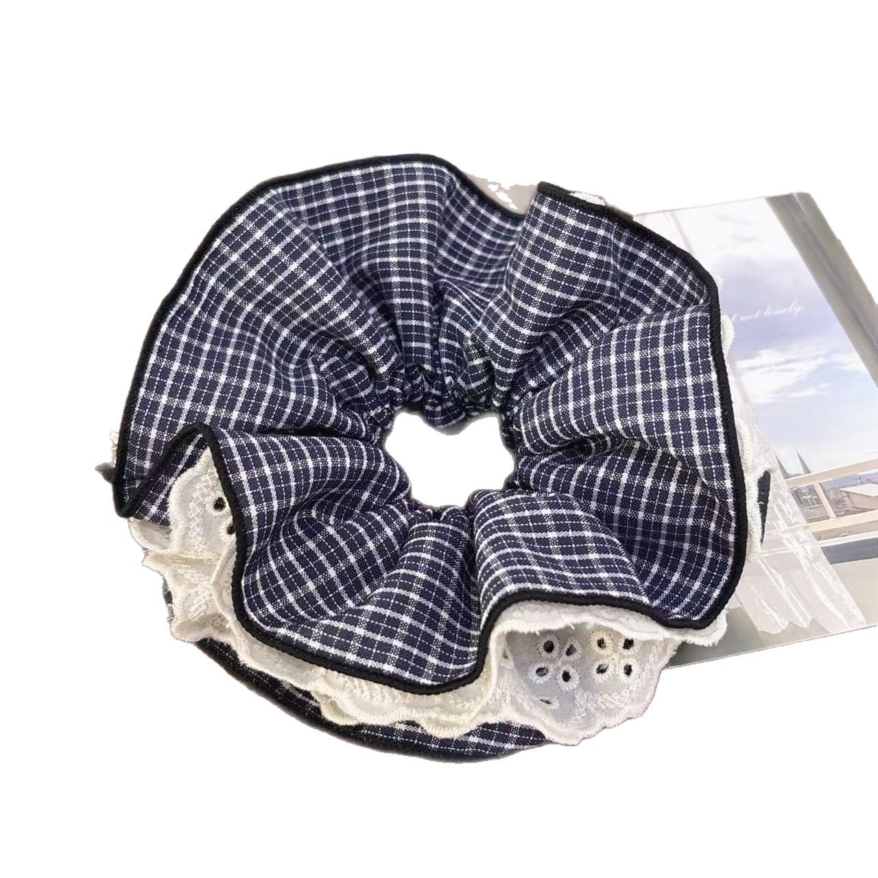 Women's Double Layer Cloth Lace Low Bun Hair Tie Plaid Pattern