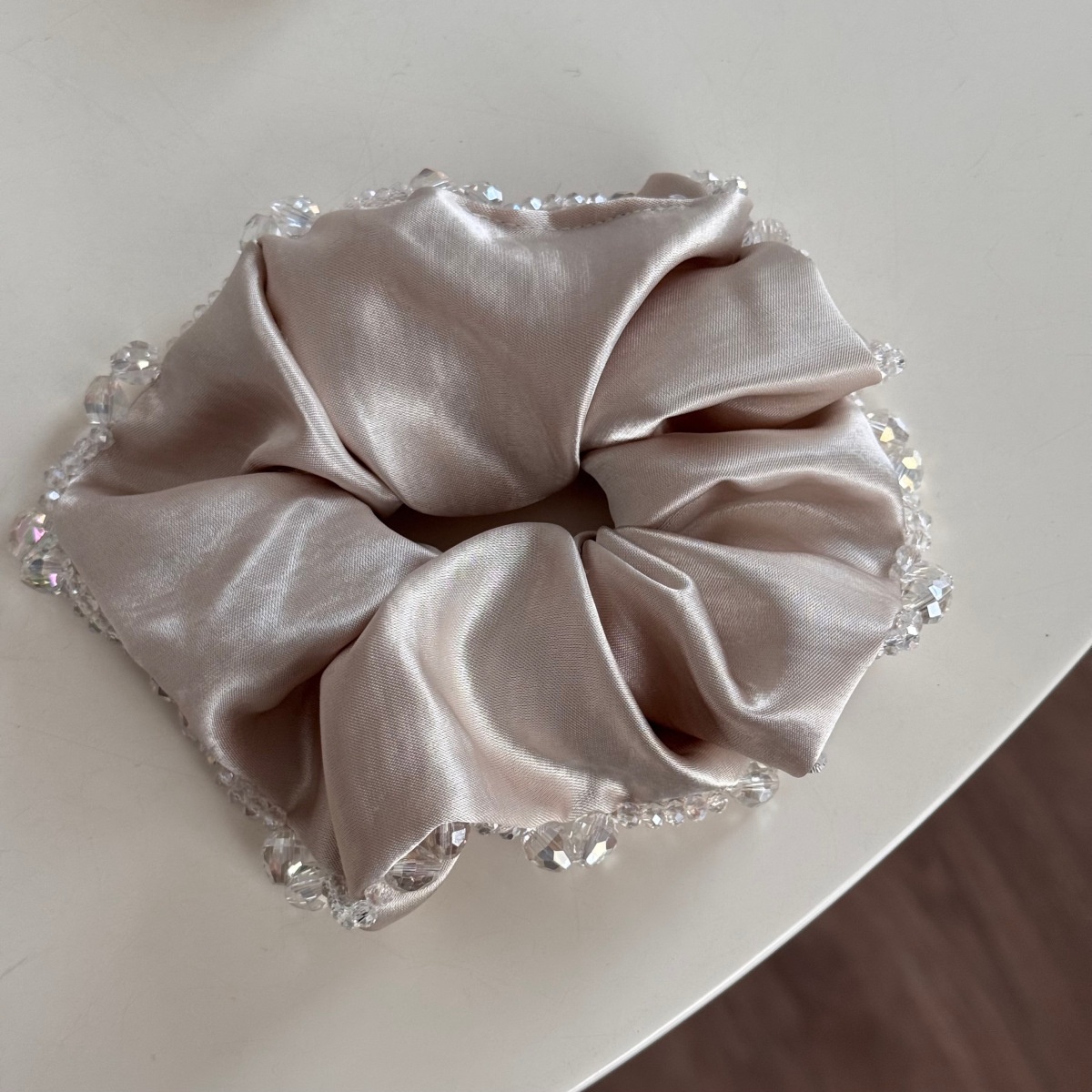 Women's Spring French Retro Satin Hair Tie Sparkly Crystal Beige