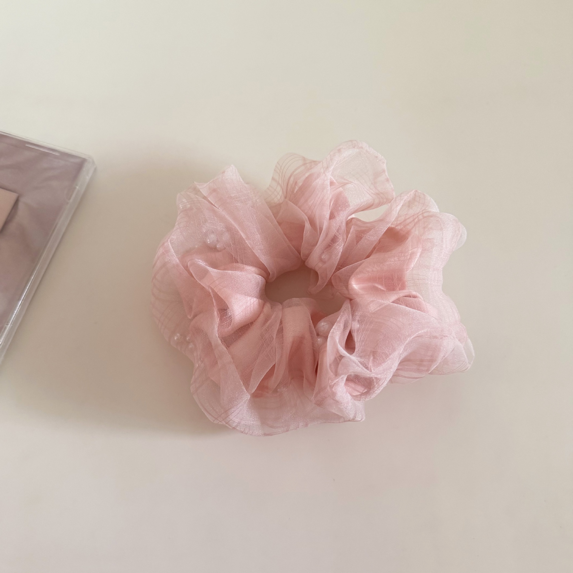 Women's Sweet Apricot Plaid Gauze Hair Tie Scrunchie with Pearls