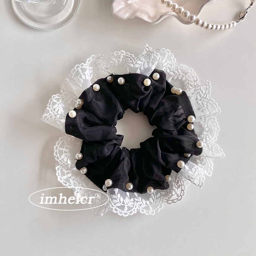 Women's Elegant Pearl Organza Spring Hair Scrunchie Black White Lace