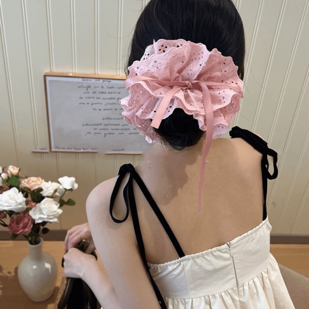 Women's Cloth Drawstring Bun Hair Tie Scrunchie Multi-layer Lace