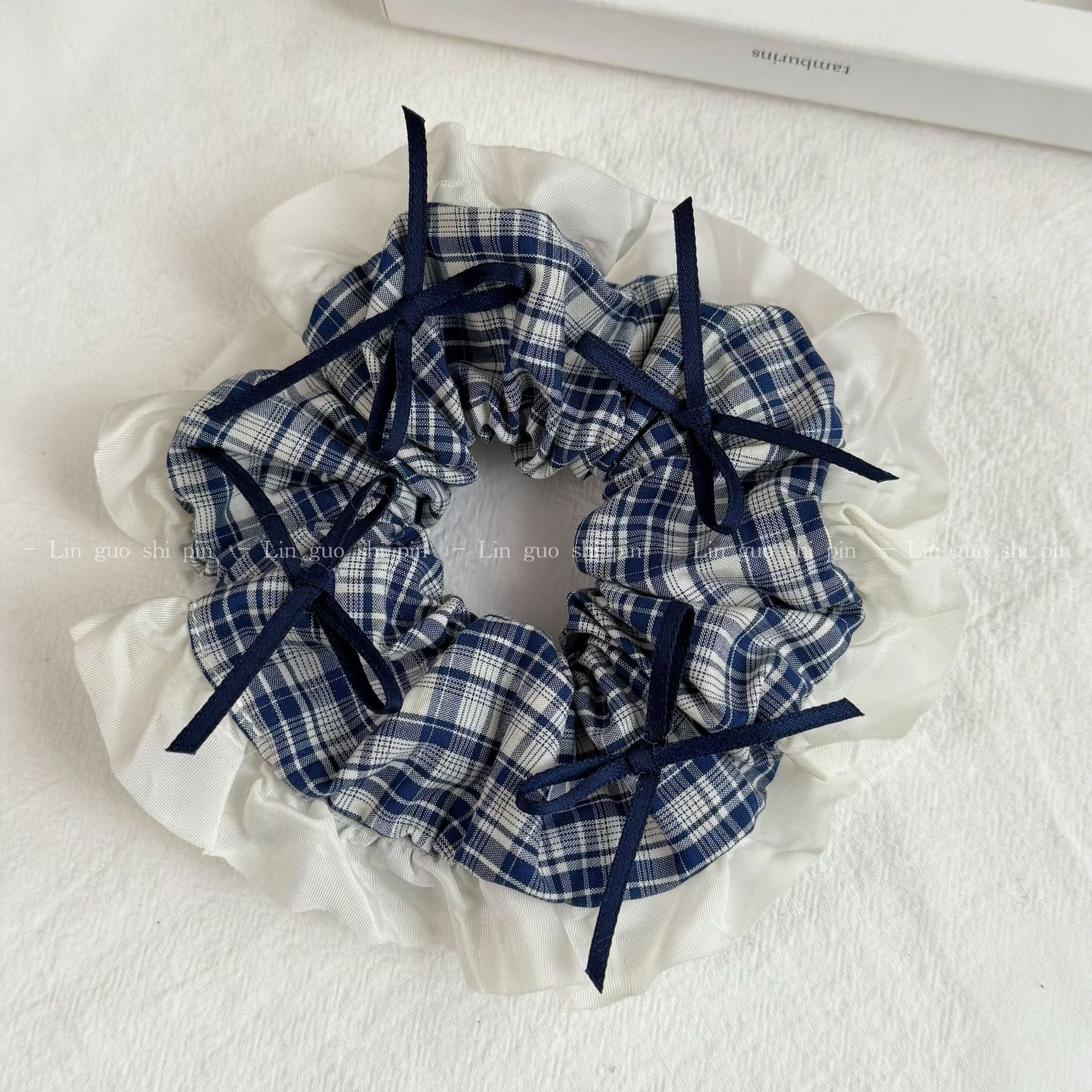 Women's All-Season Preppy Cloth Bowknot Hair Tie Blue Plaid Lace