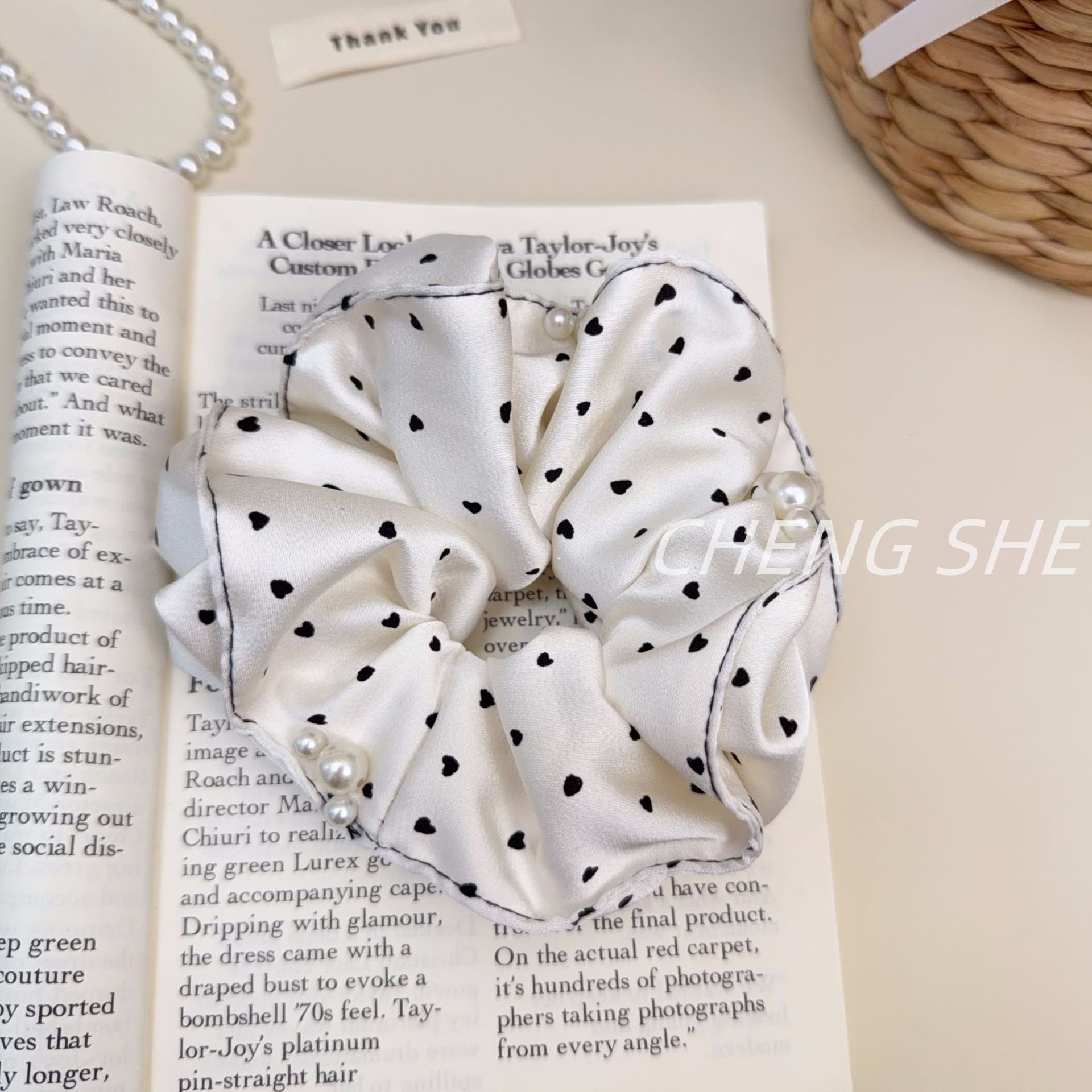 Women's Spring Satin Heart Shape Hair Tie Scrunchie Beige Polka Dots
