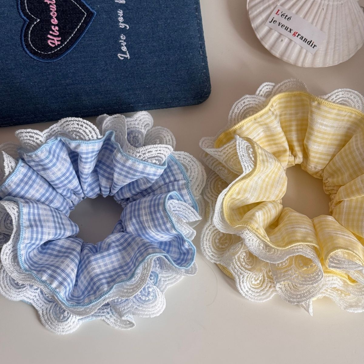 Women's Stylish Cloth Hair Tie Ponytail Holder Blue Yellow Plaid Lace
