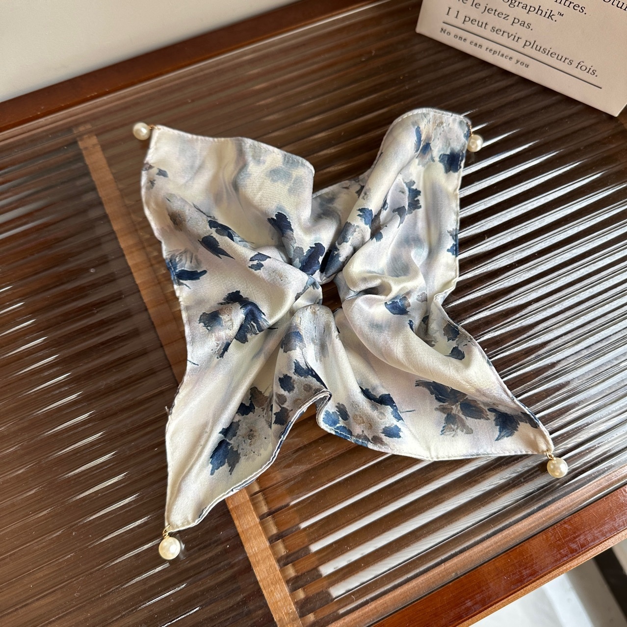 Women's Summer Cloth Hair Tie with Pearls French Tie Dye Ink Painting