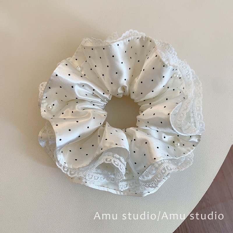 Women's Spring Satin Lace Scrunchie Hair Tie White Polka Dots