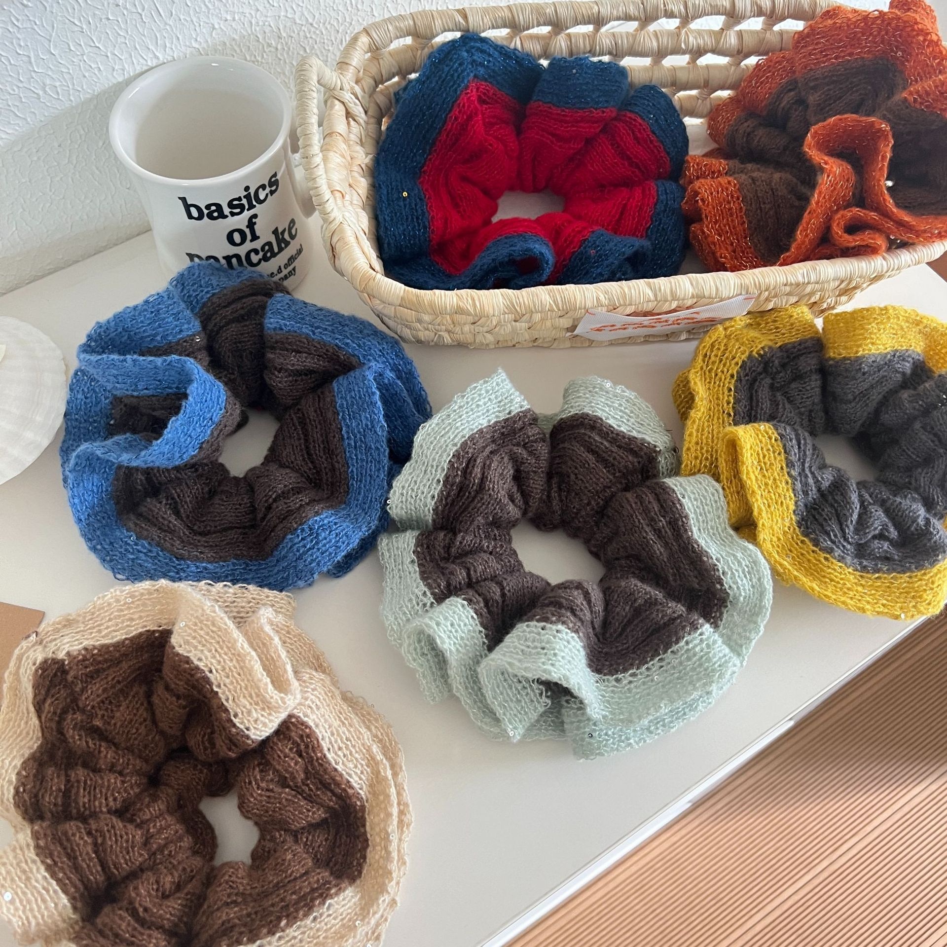 Women's Autumn Winter Knit Wool Yarn Hair Tie Round Scrunchie Blue