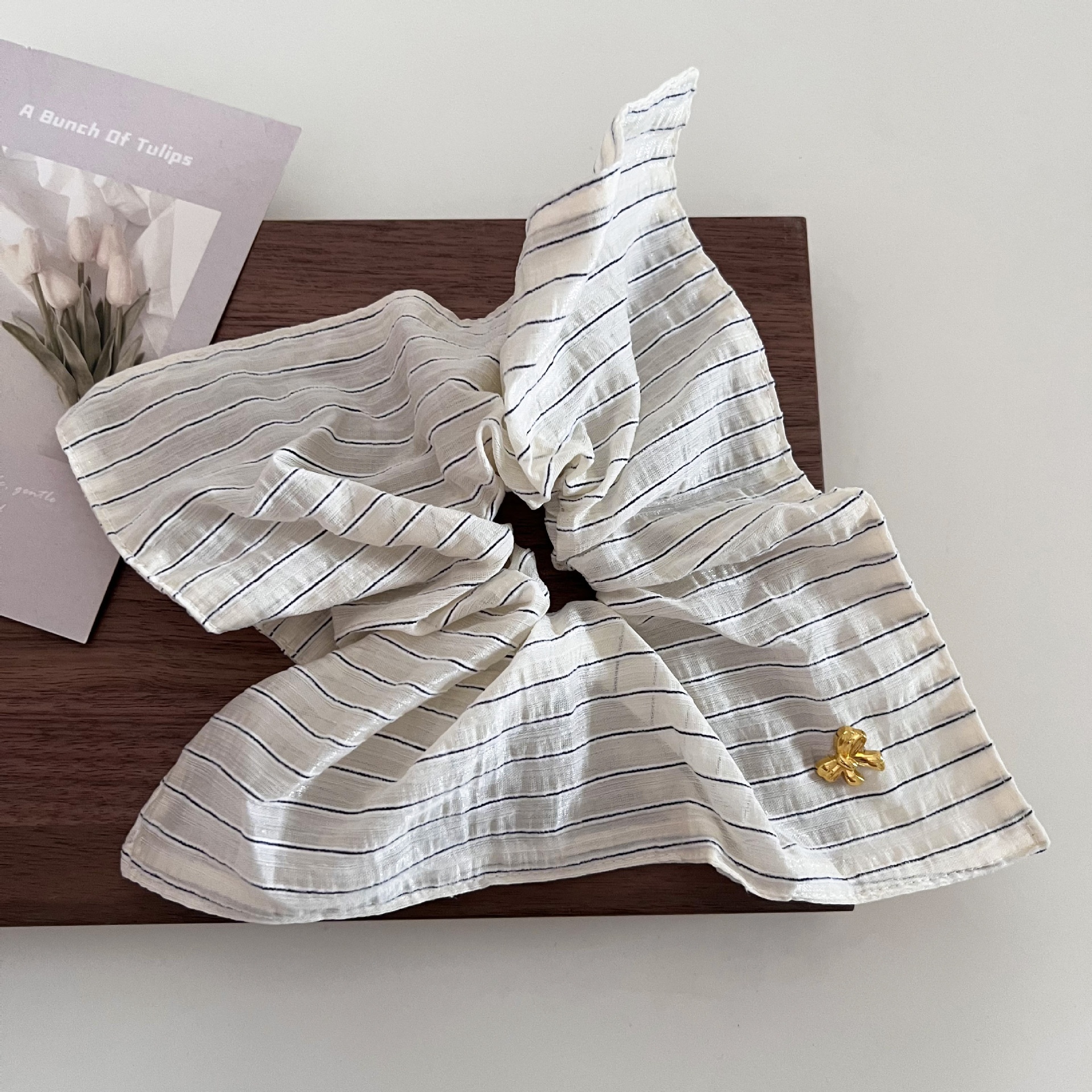 Women's Gentle Cloth Bow Hair Tie Scrunchie Blue Beige Striped Dot