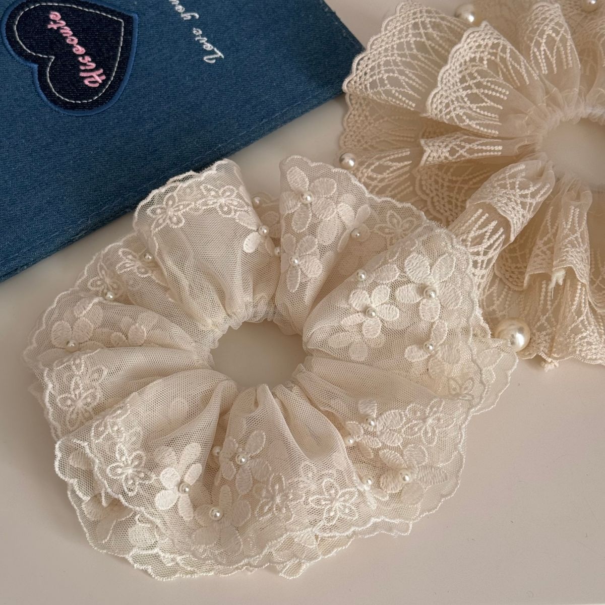 Women's Sweet Spring Soft Cloth Hair Tie Beige Floral Pearl Lace