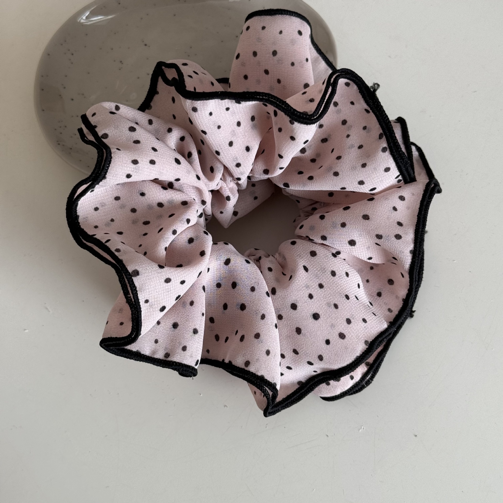 Women's Everyday Soft Cloth Scrunchie Hair Tie Black Polka Dots Pattern