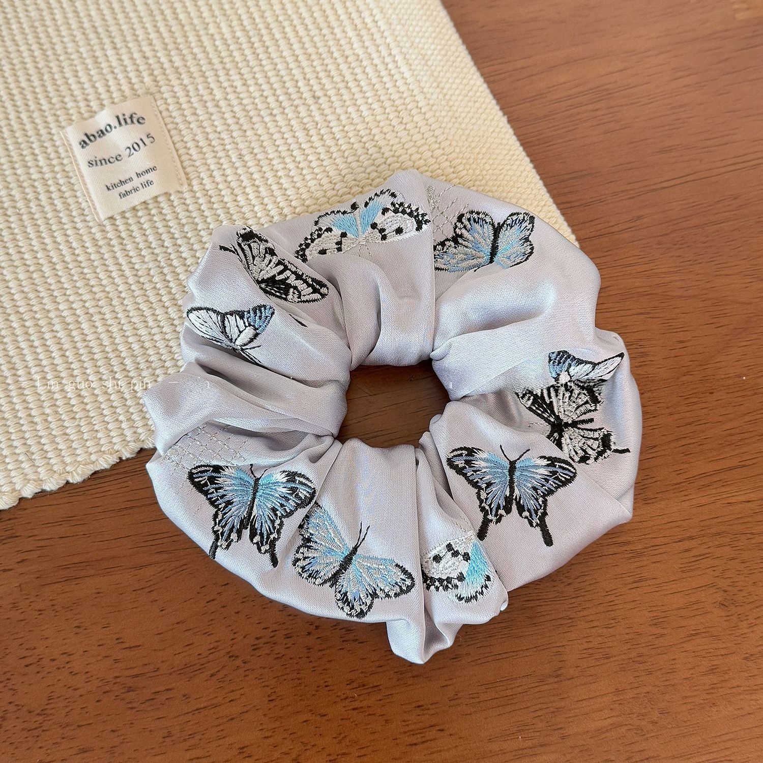 Women's All Season Satin Hair Tie Black Silver Butterfly Embroidery