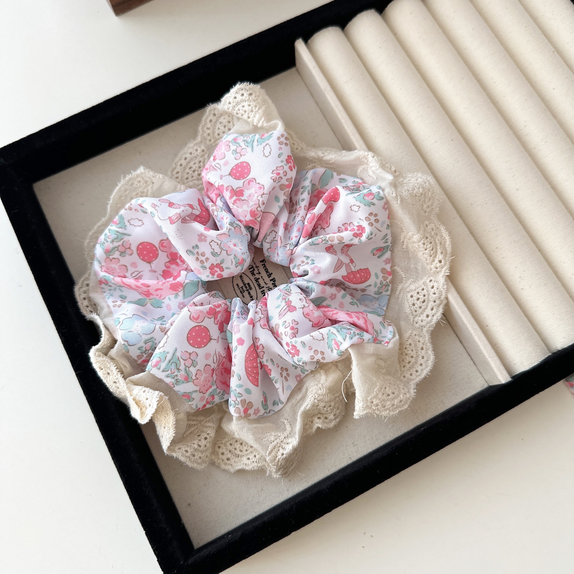 Women's Spring Summer Sweet Cloth Hair Tie Pink Cherry Floral Lace