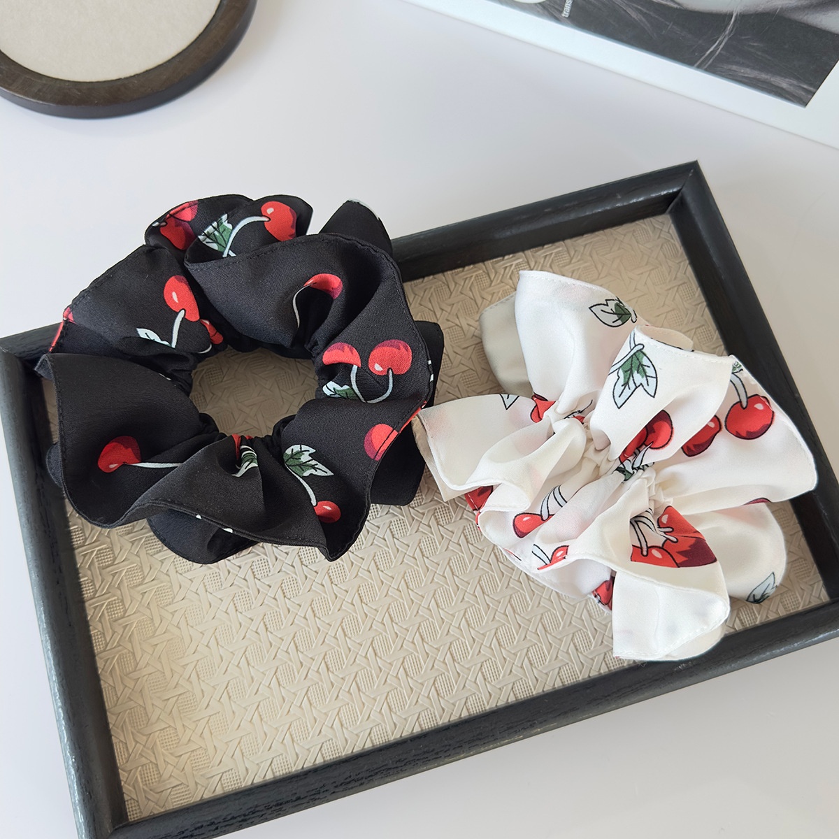 Girls Double Layer Cloth Hair Bands Cherry Print Plaid Bun Styling Rope