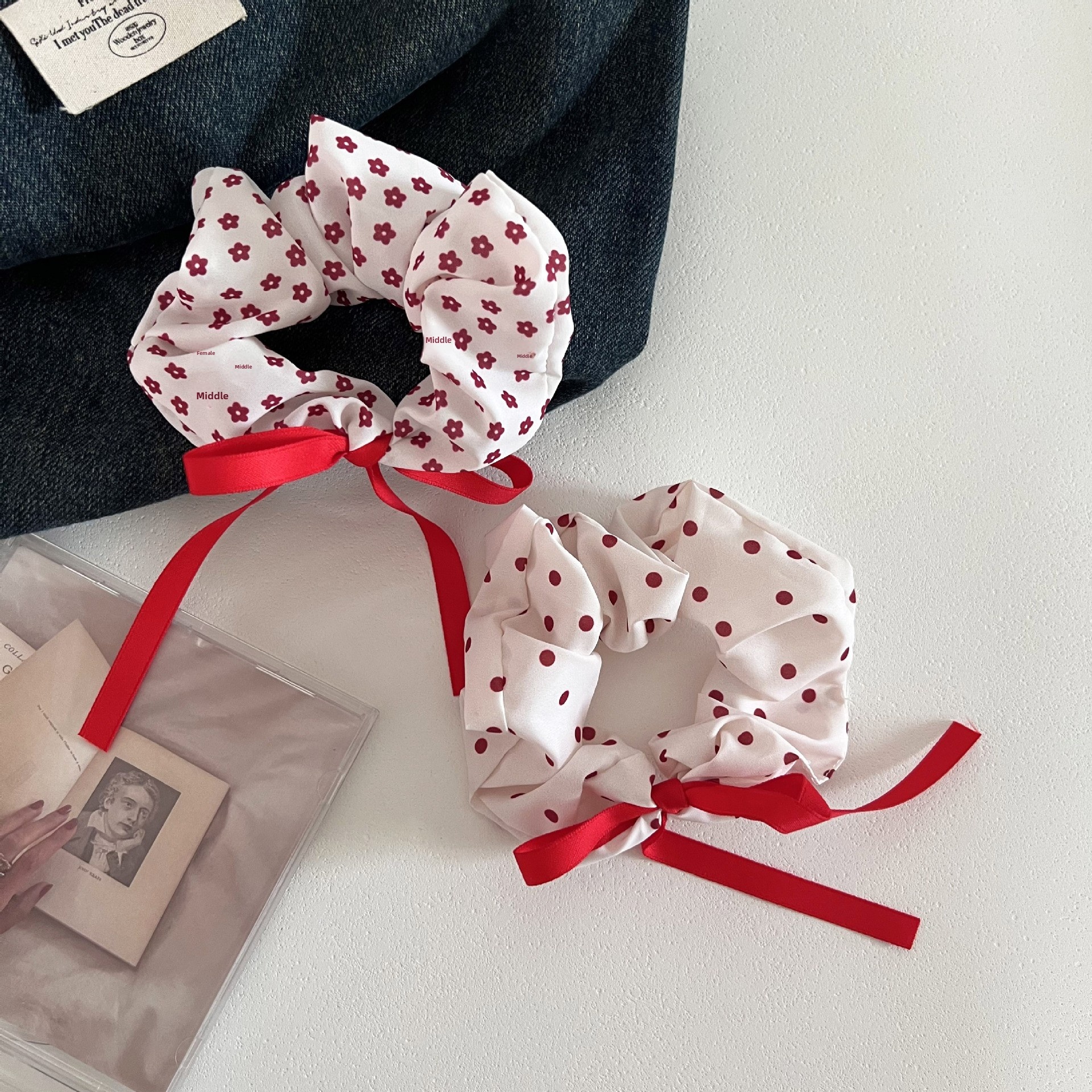Women's Cloth Bowknot Hair Tie White Red Ditsy Floral Heart Print