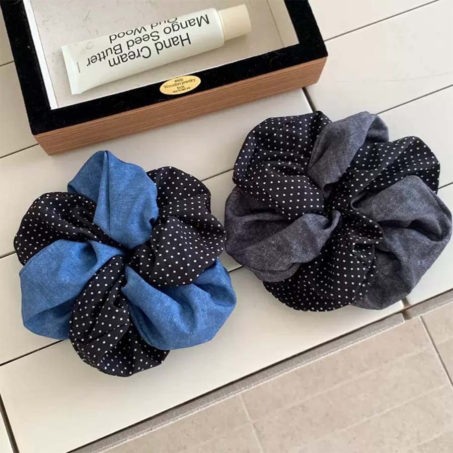 Women's Retro Forest Denim Twist Cross Hairband Elastic Polka Dot Hair Tie