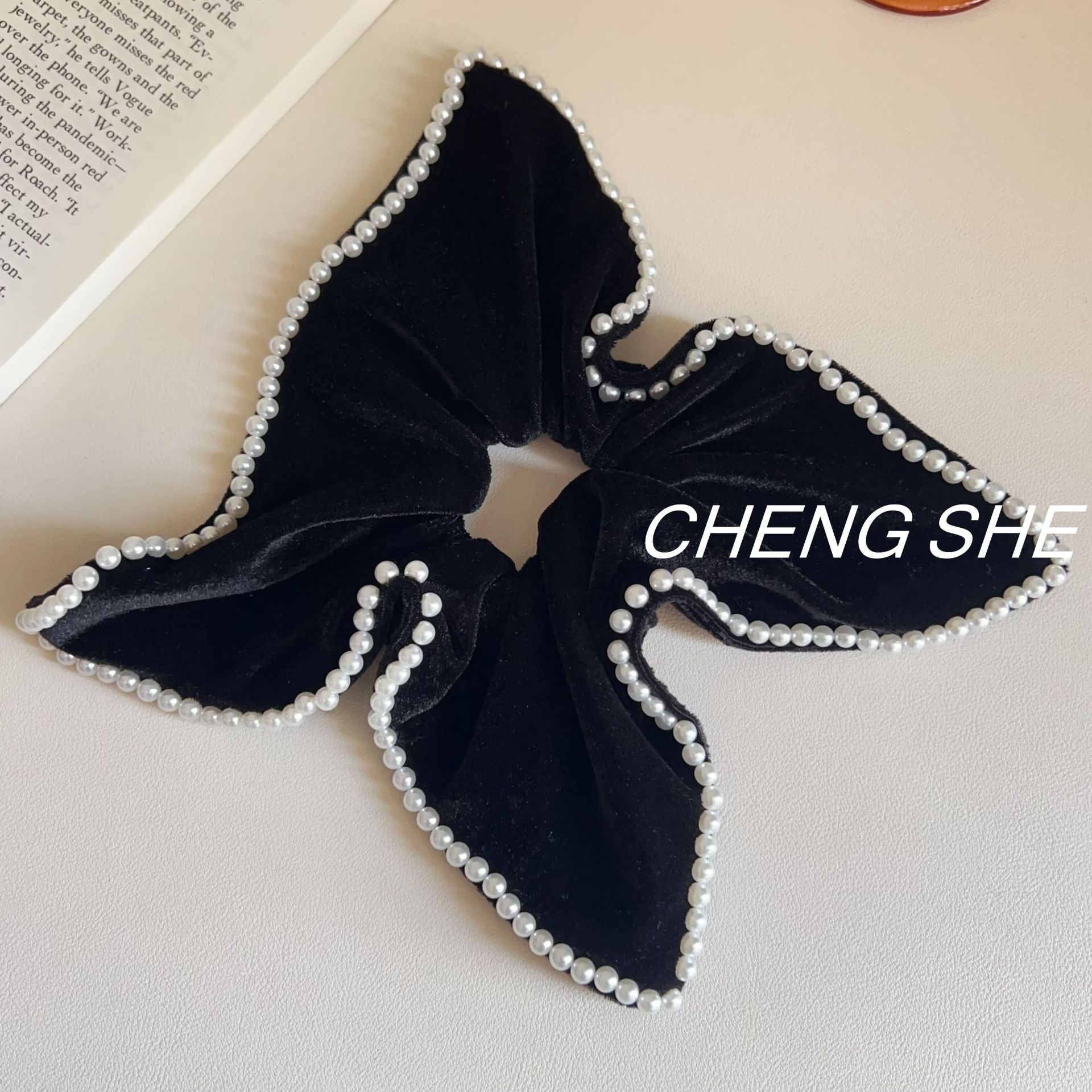 Women's Velvet Scarf Scrunchie For Bun Ponytail Pearl Retro