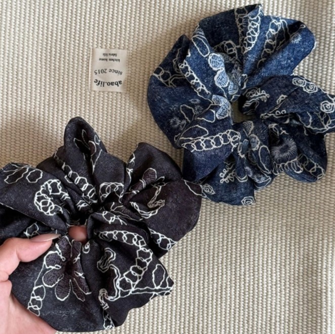Women's Elegant Denim Blue Satin Hair Ties Large Silky Fashion Headscarves