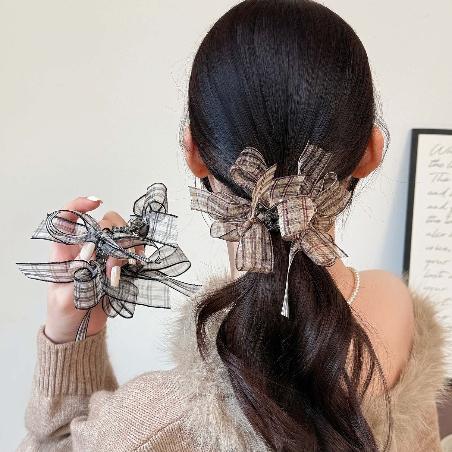 Women's Soft Gauze Bowknot Hair Tie For Spring Styling Black Plaid