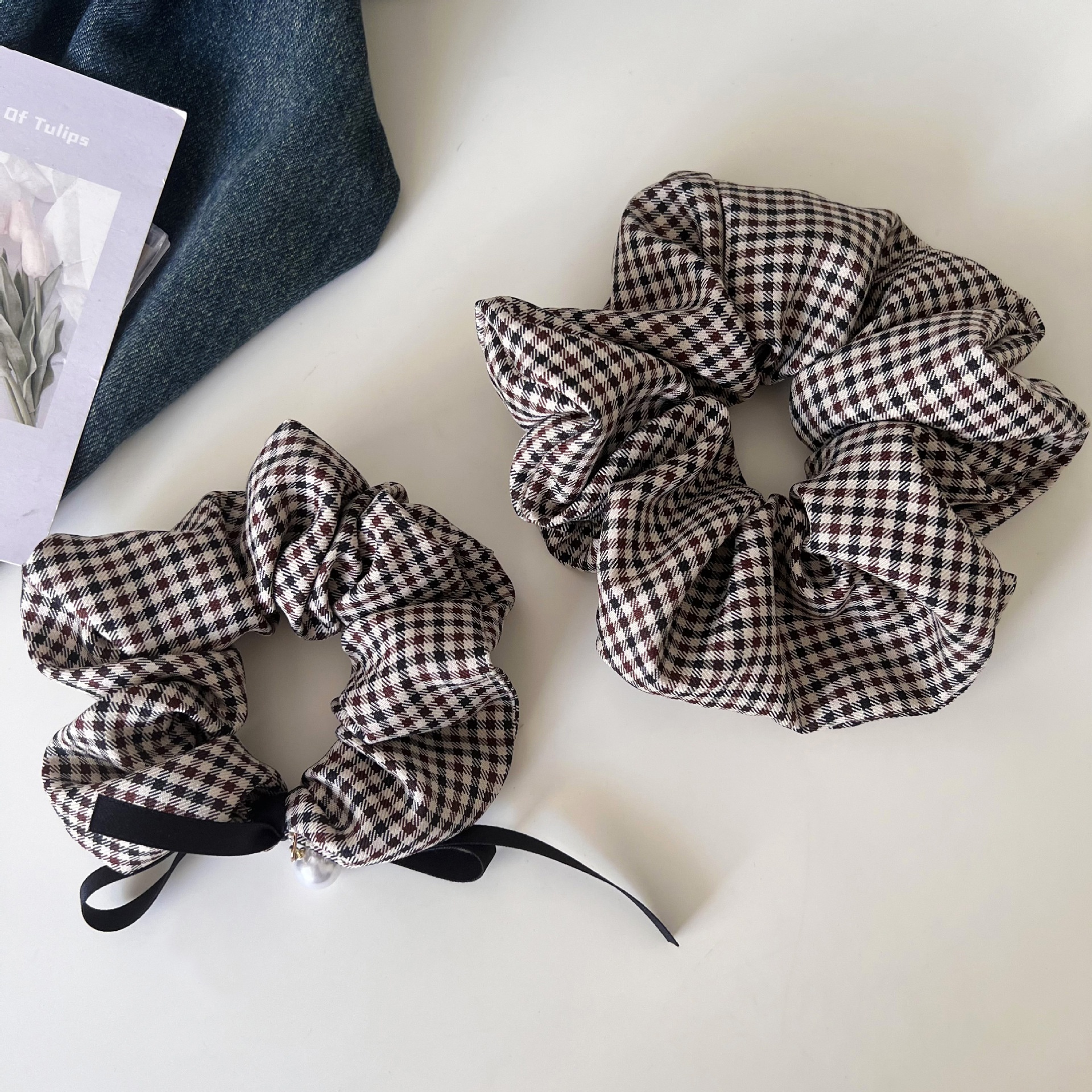 Women's Trendy Black & White Plaid Scrunchie with Pearl Bow Knot