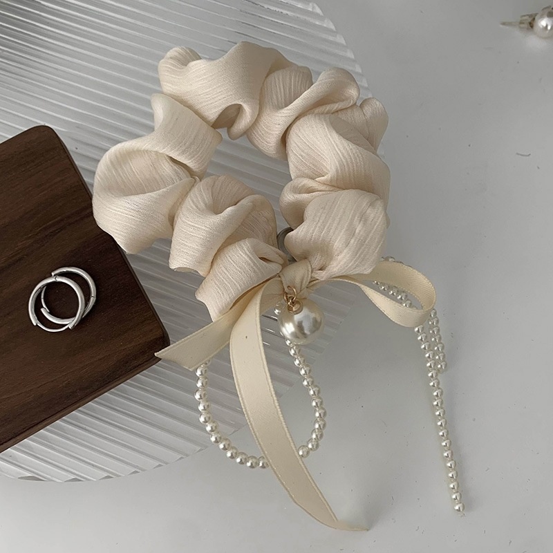 Women's French Pearl Cloth Elastic Hair Bun Tie Beige Black Bowknot