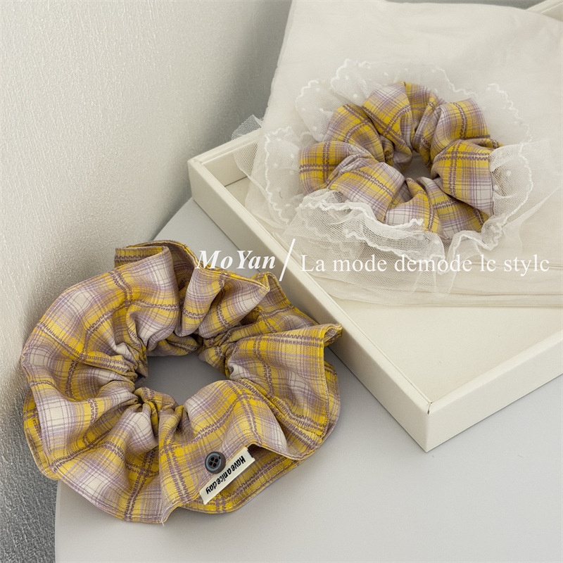 Women's Spring Soft Cloth Hair Tie Accessories Yellow Plaid Lace