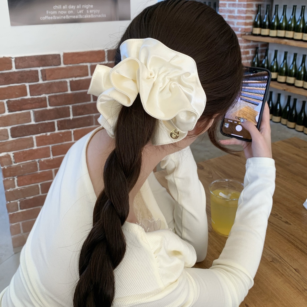 Women Satin Bubble Braid Hair Rope Elegant Spring Hair Tie Solid White