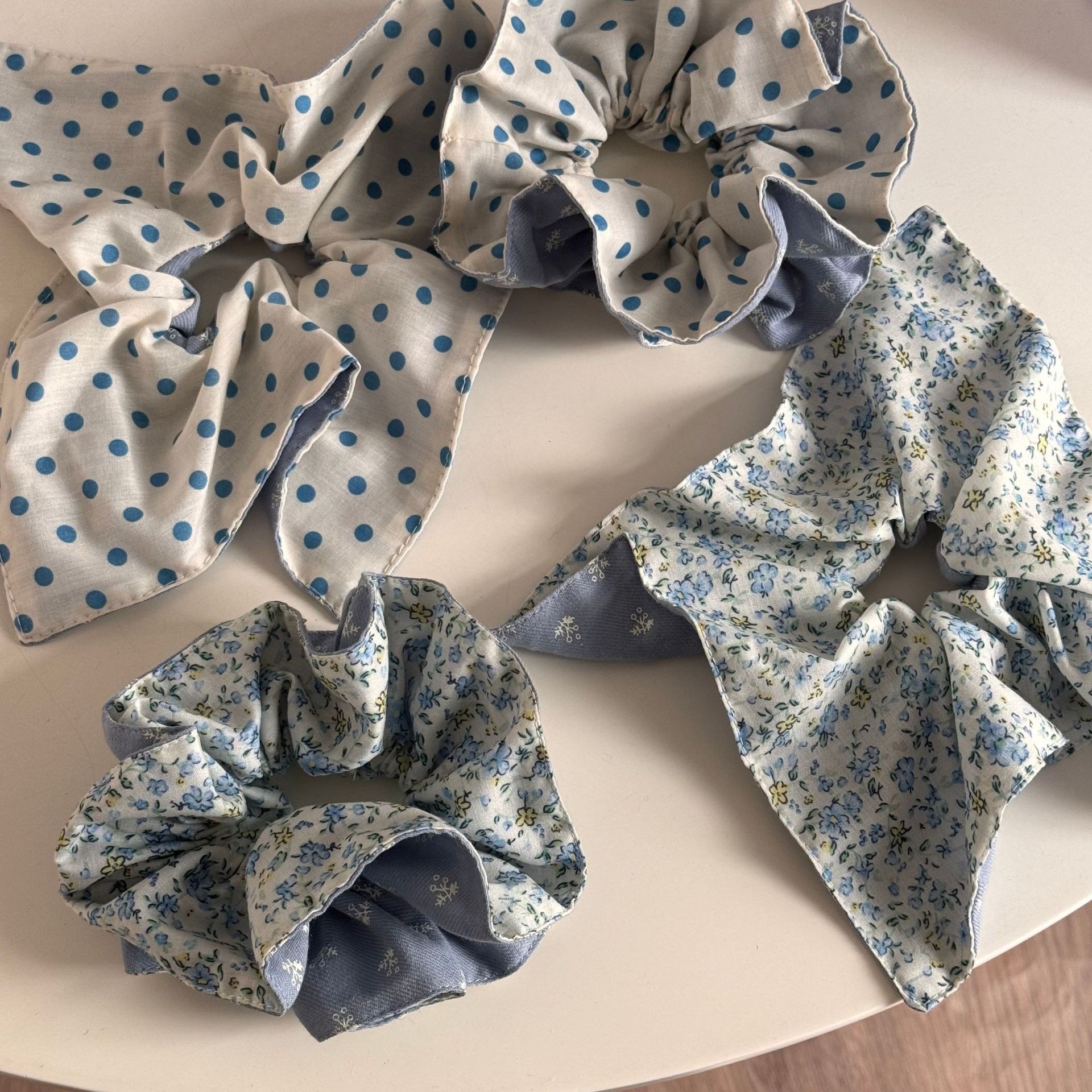 Women's Spring Cloth Bubble Braid Hair Tie Blue Ditsy Floral Polka Dots