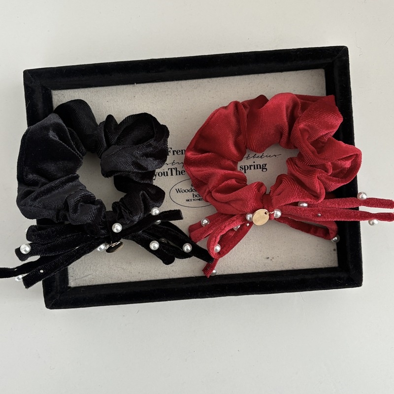 Women Pearl Velvet Autumn Winter Hair Scrunchie Red Black Bowknot