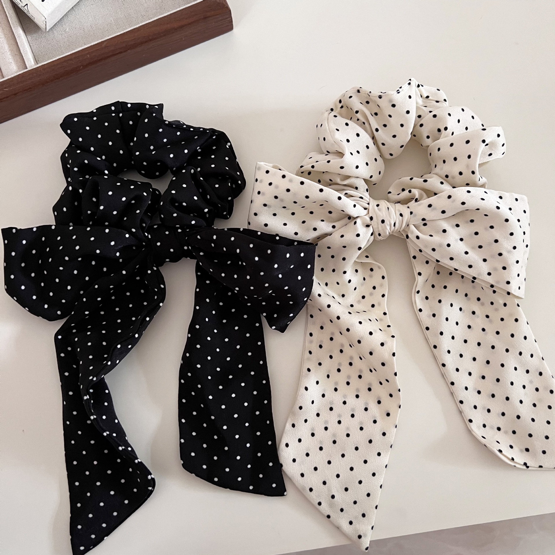 Women's Cloth Low Ponytail Elastic Hair Tie Beige Black Polka Dot Bow