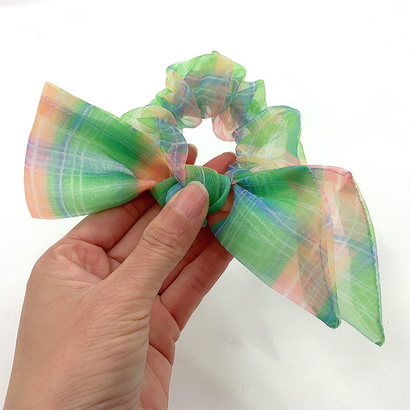 Women's Summer Organza Bowknot Hair Tie Scrunchie Rainbow Plaid
