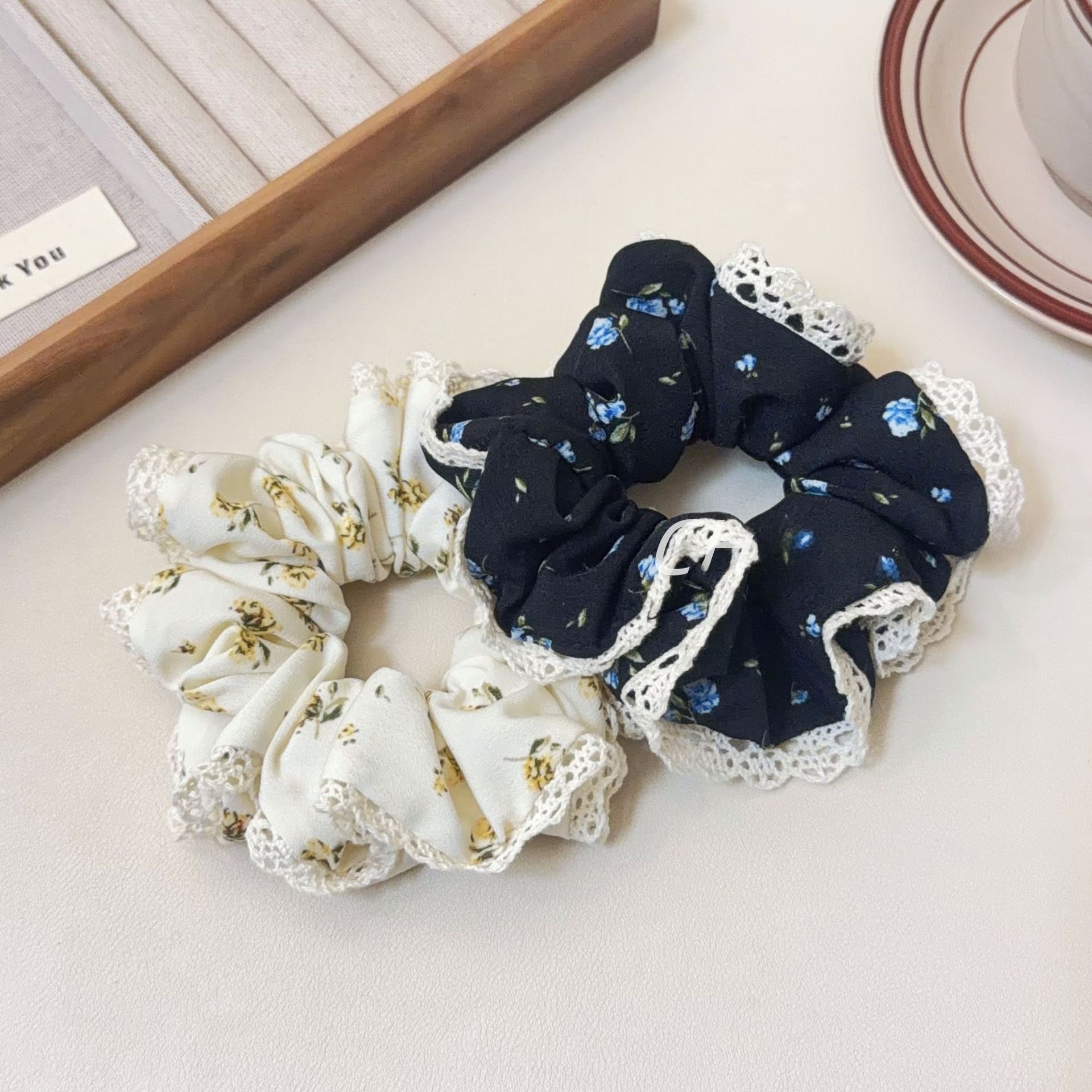 Women's Elegant Spring Pearl Gauze Hair Tie Accessory Beige Lace