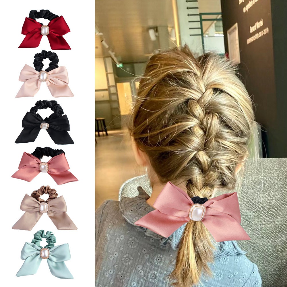 Women's Satin Pearl Bow Hair Tie, French Lolita Style Hair Accessory