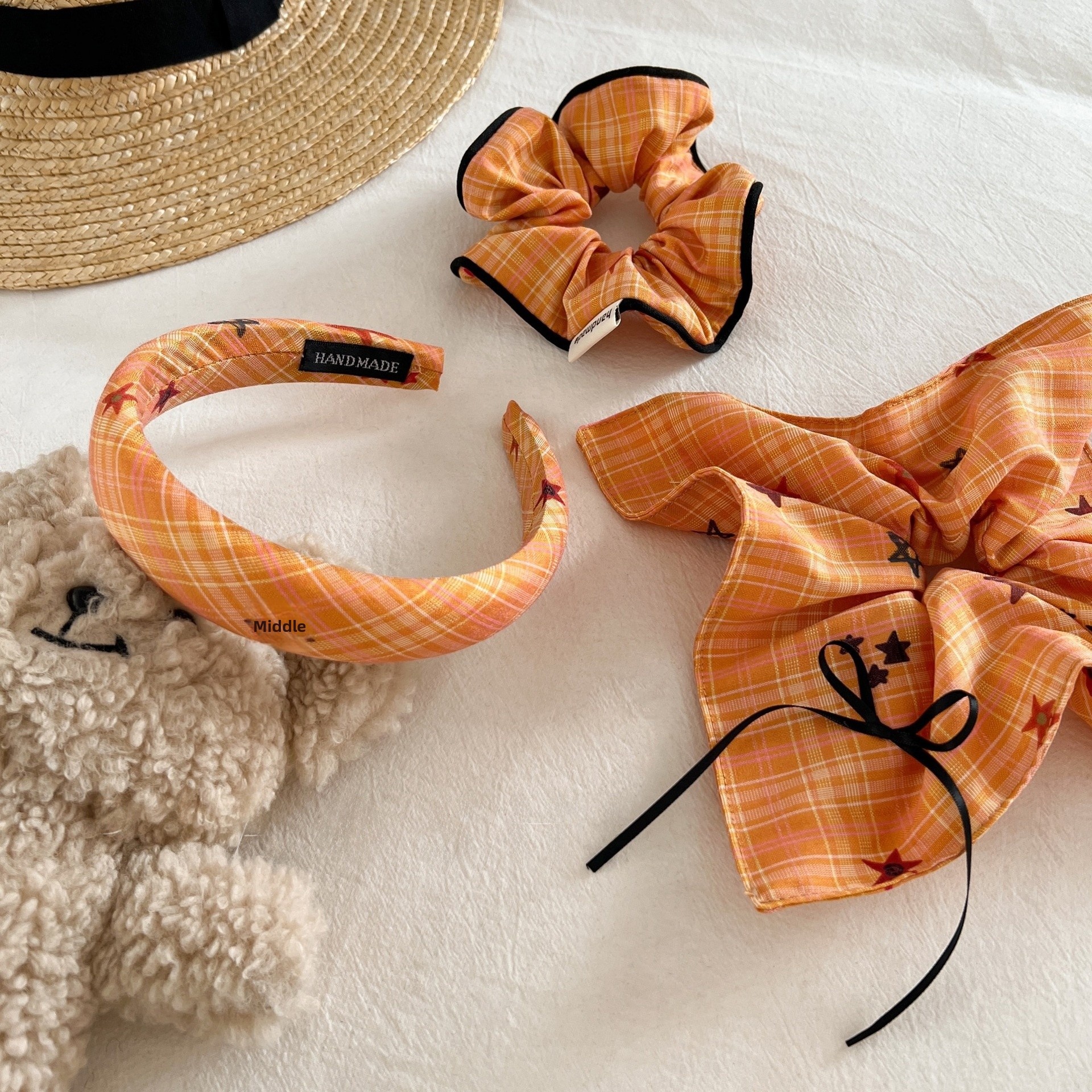 Women's Spring Cloth Hair Band Accessory Orange Plaid Bow Knot