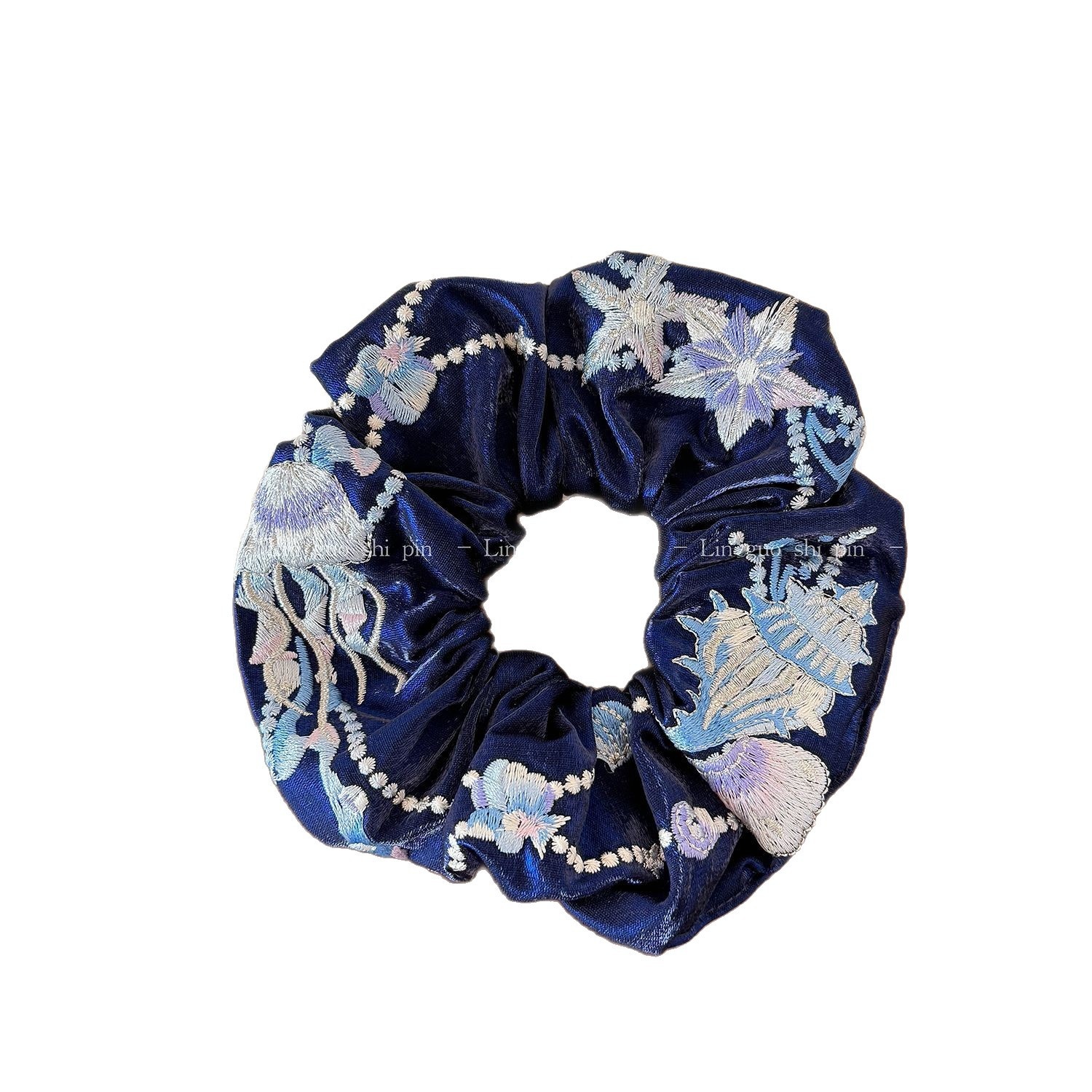 Women's Soft Cloth Hair Tie, Navy Blue Marine Starfish Shell Embroidery