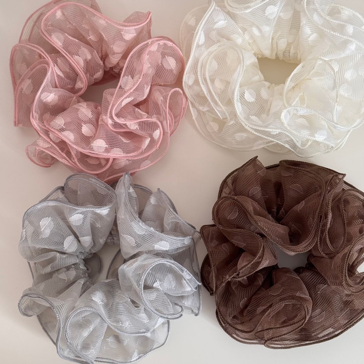 Women's Elegant Spring Soft Gauze Hair Tie Beige Polka Dots