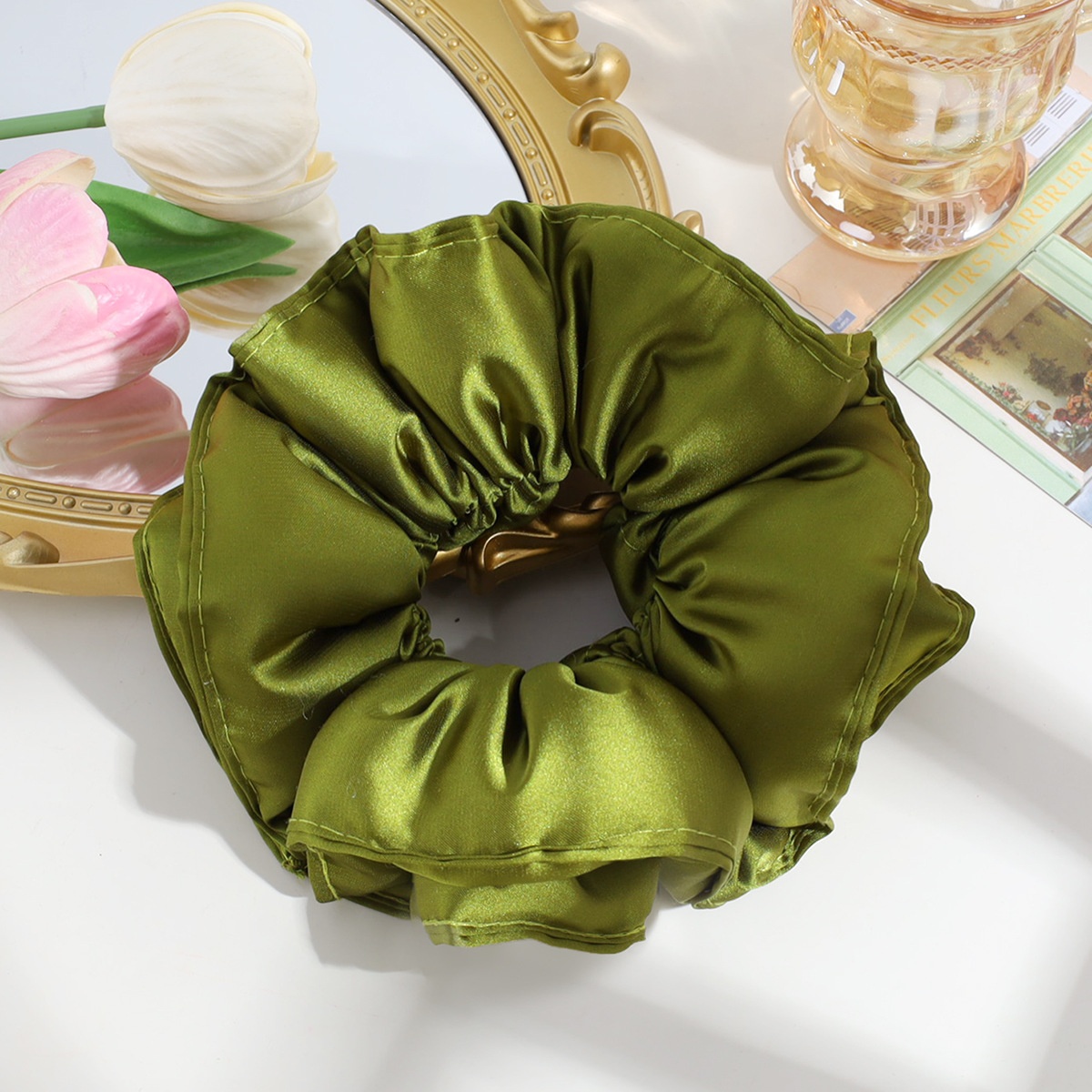 Women's Satin Flower Hair Tie French Style Large Elastic Band Solid Color