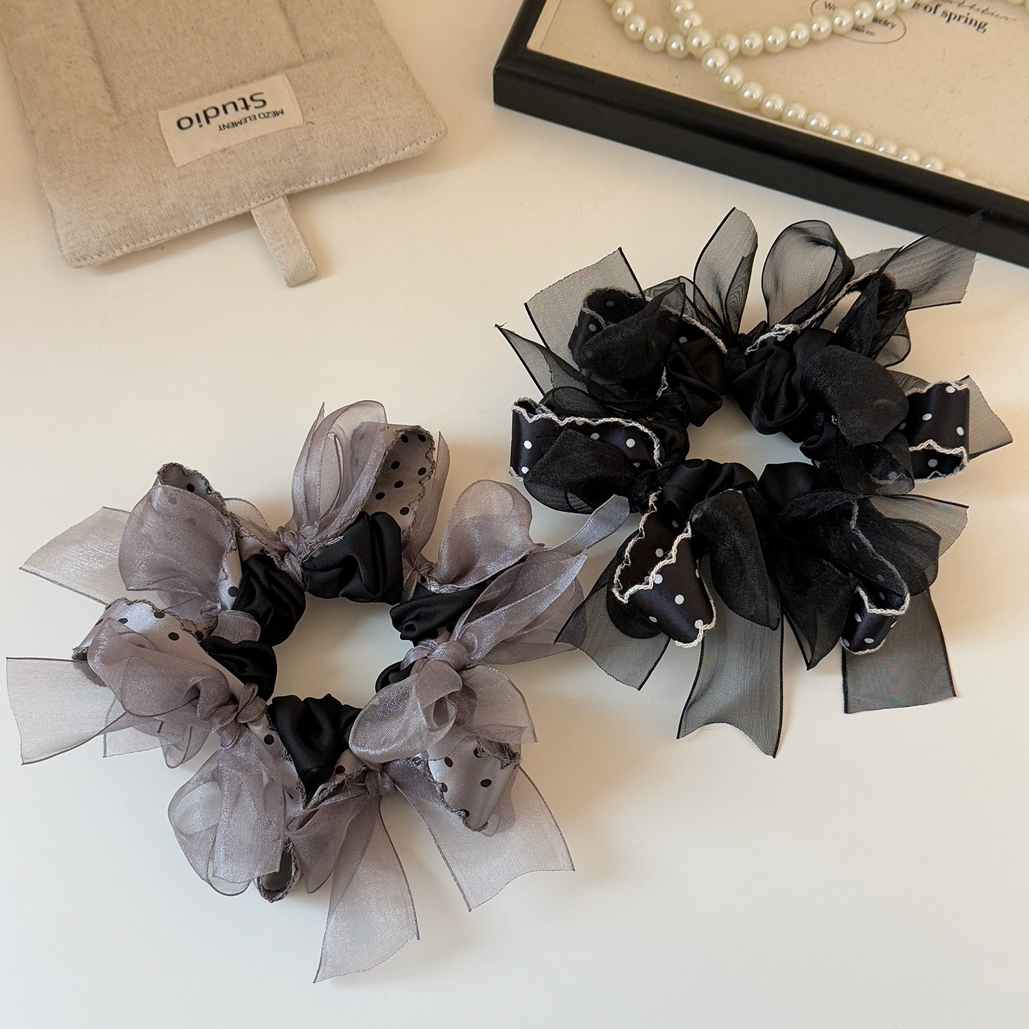 Women's Valentine Cloth Ribbon Bow Lazy Hair Tie Polka Dot Black Purple