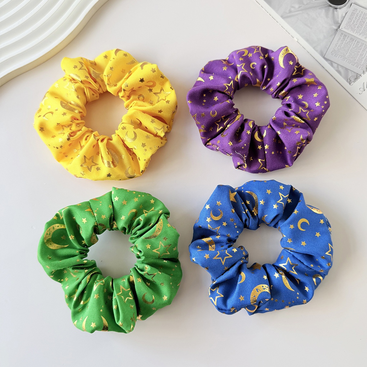 Women's Star & Moon Cloth Hair Tie in Yellow, Stylish All-Season Hair Accessory