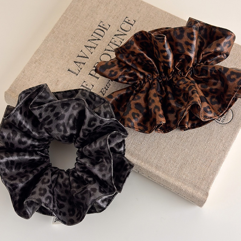 Women's Oversized Leather Bun Hair Scrunchie Coffee Leopard Print